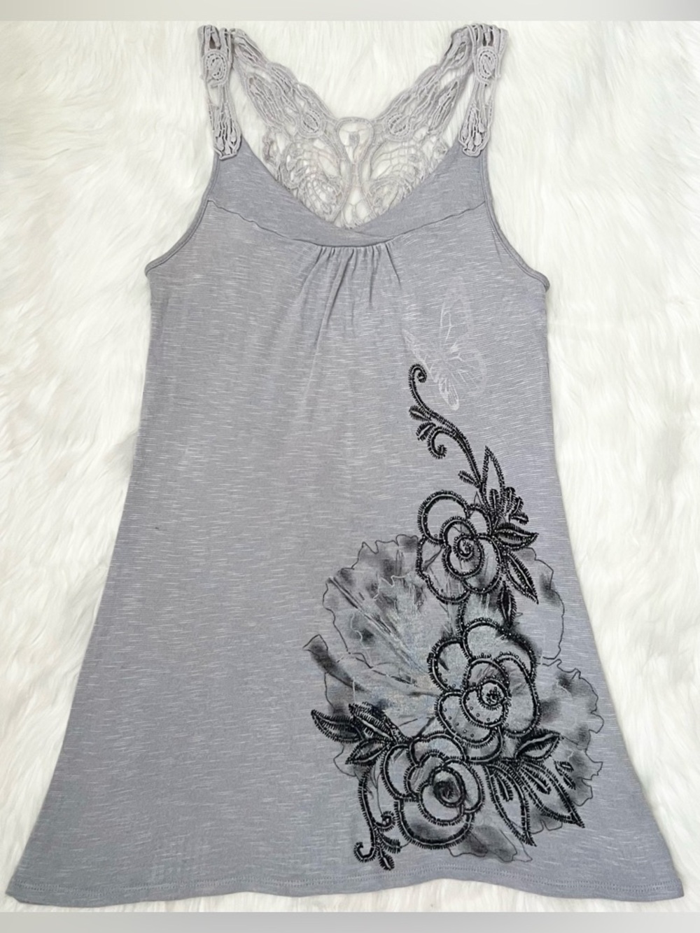 Love Culture Gray Floral Mini Dress With Crochet Lace Back Details & Rhinestones